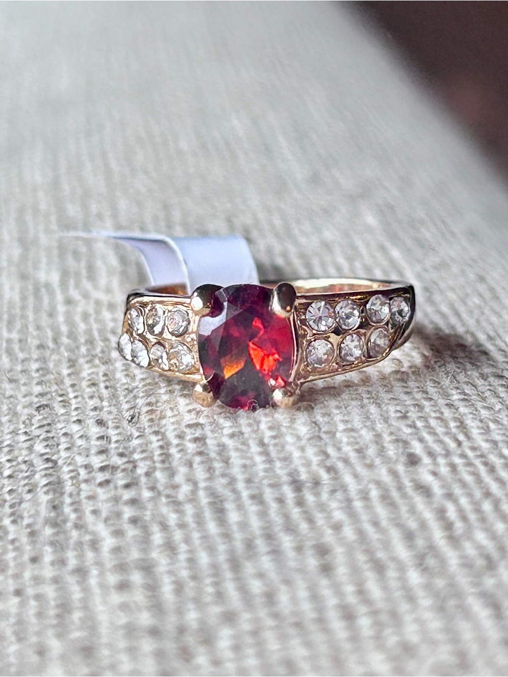 Gold Ring with Deep Red and Clear Accent Stones - size 7